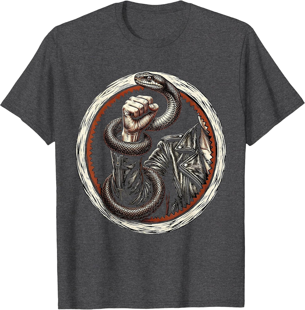 Men's Punk Snake Leather Jacket Graphic Design T-Shirt - Dark Heather Grey