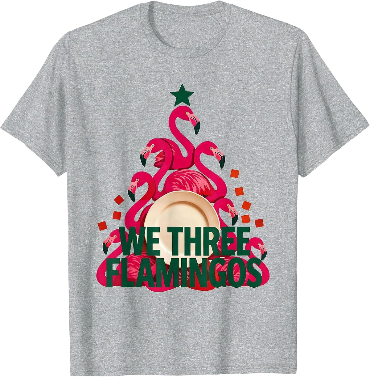 Men's We Three Flamingos Funny Pink Flamingo Christmas in July T-Shirt - Heather Grey