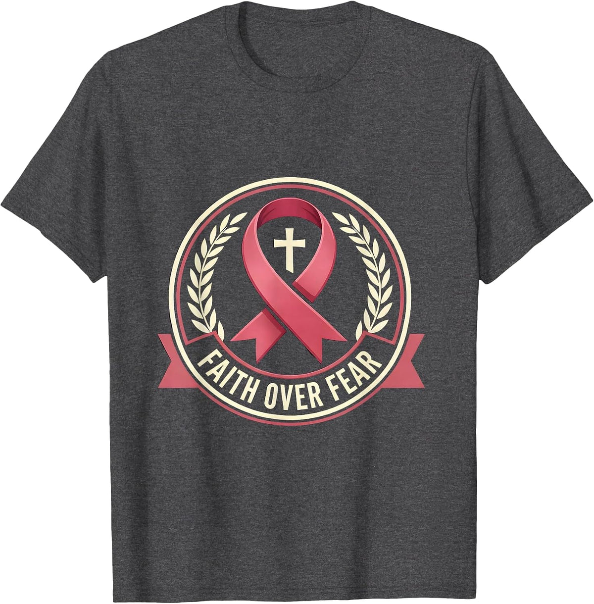 Men's Faith Over Fear Breast Cancer Awareness Design T-Shirt - Dark Heather Grey