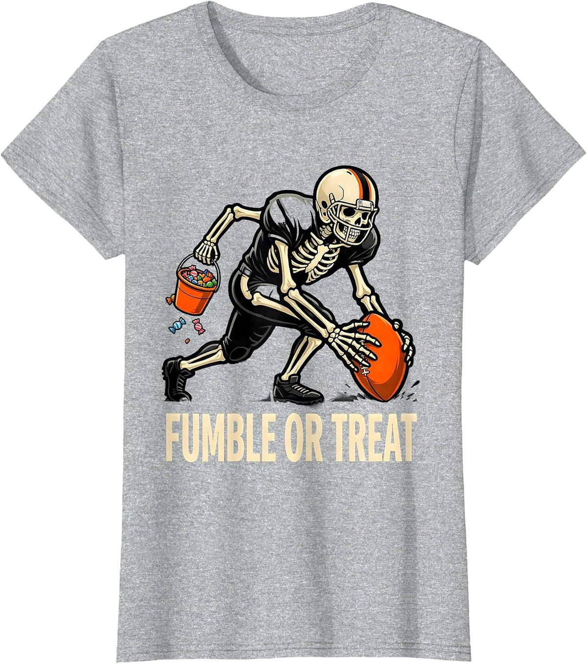 Women's Fumble Or Treat Cartoon Skeleton Football Halloween Costume T-Shirt - Heather Grey