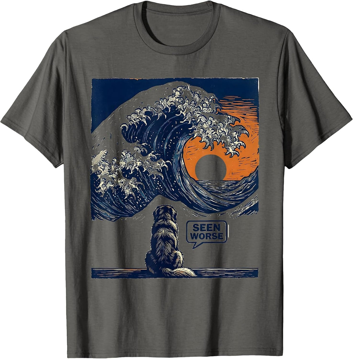 Men's Seen Worse Linocut Great Wave Dog Breed Humor T-Shirt - Asphalt Grey