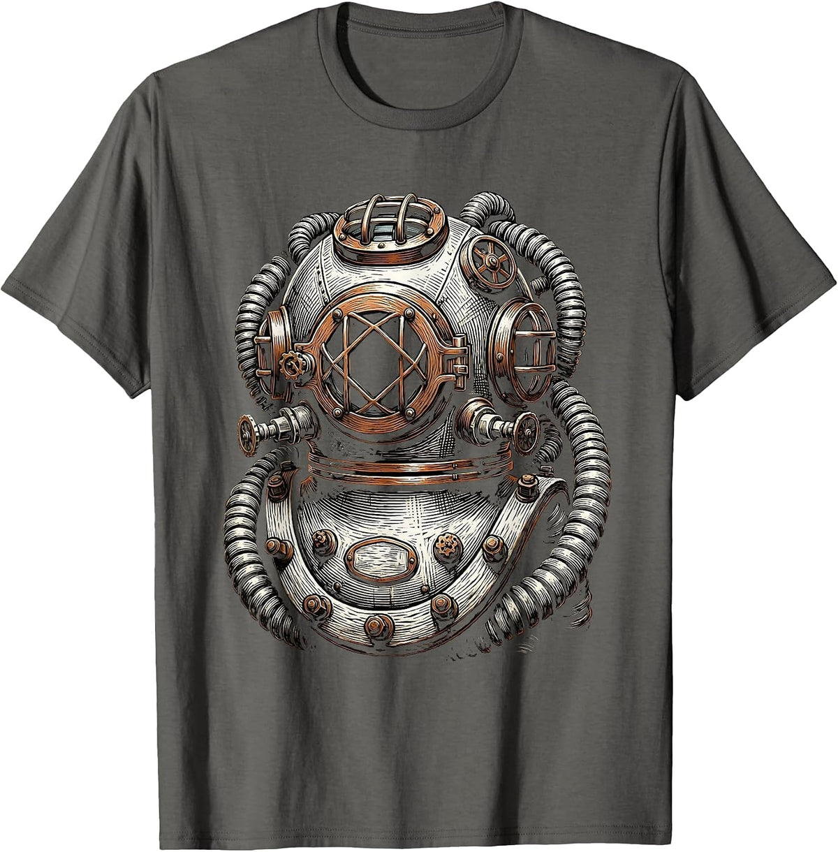 Steampunk Deep Sea Diver Helmet Copper Pipes Art T-Shirt - Asphalt Grey
