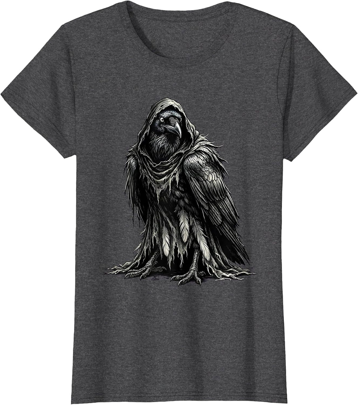 Women's Cawf Crow Hooded Cloak Illustration T-Shirt - Dark Heather Grey