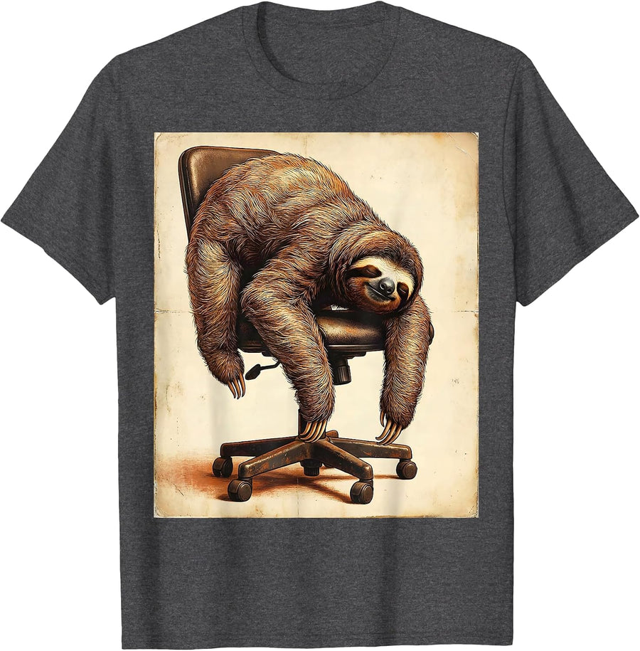 Men's Funny Napping Sloth Office Chair Humor Graphic T-Shirt - Dark Heather Grey