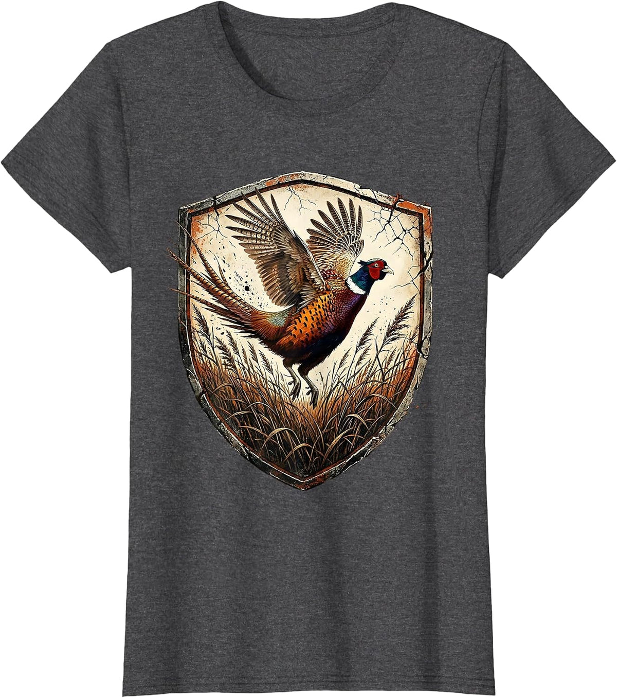 Women's Pheasant Flush Upland Bird Hunting Illustration T-Shirt - Dark Heather Grey