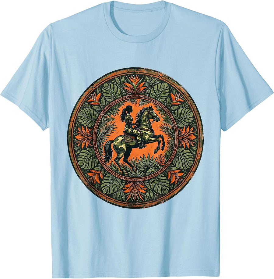 Men's Camo Woman Riding Horse Through Jungle T-Shirt - Baby Blue
