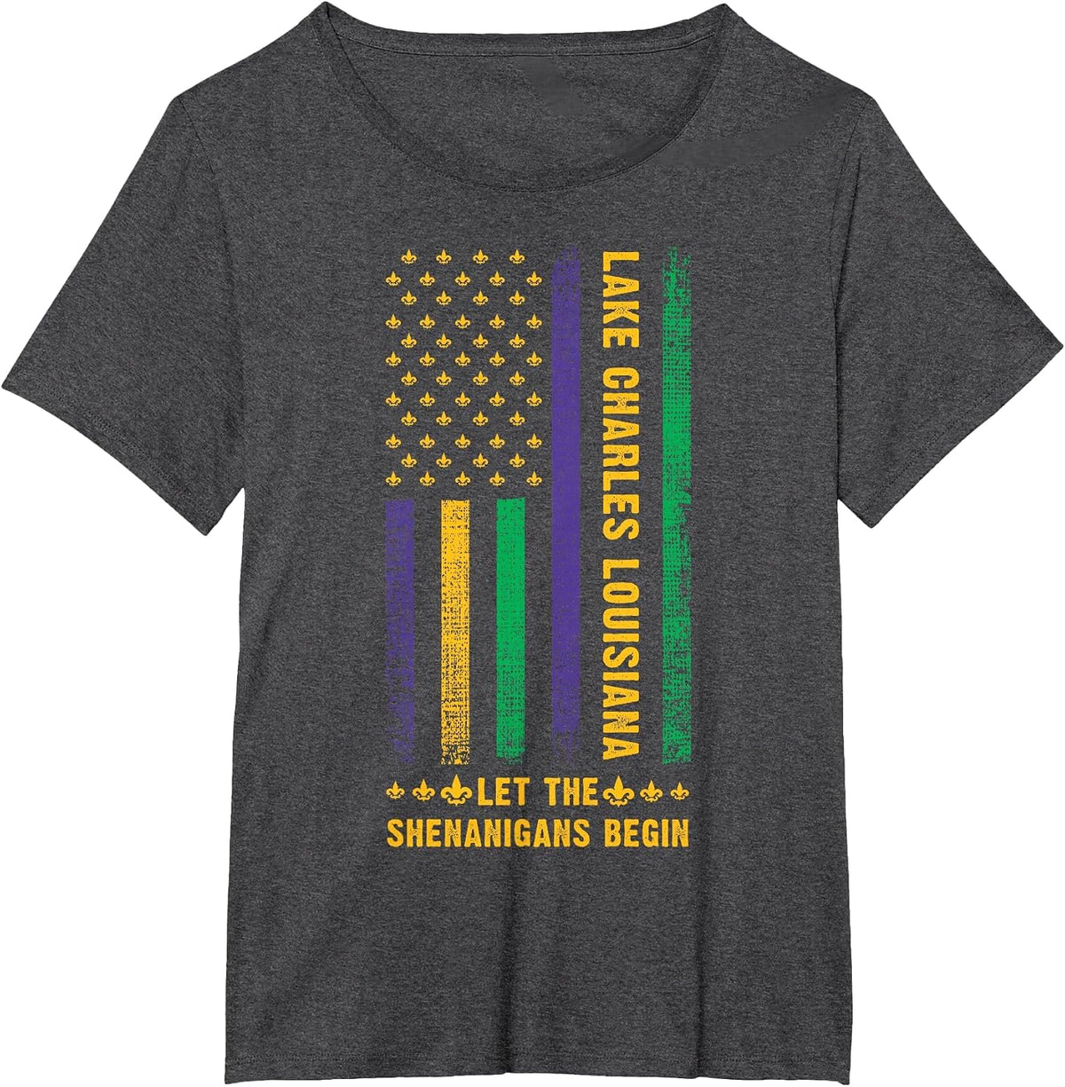Mardi Gras Lake Charles Louisiana Fleur-De-Lis American Flag T-Shirt - Dark Heather Grey