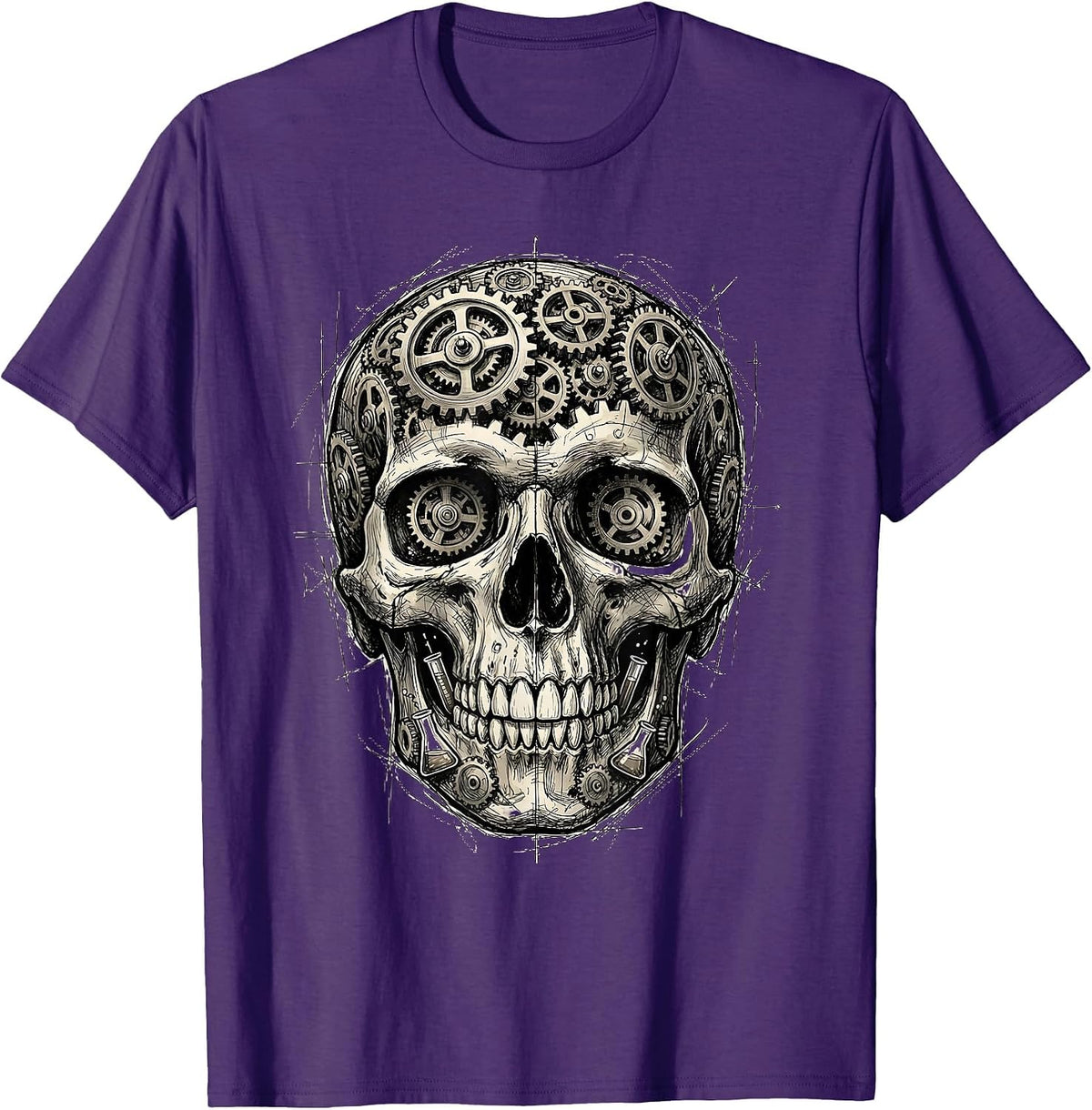 Men's Science Teacher Skull Gears Test Tubes Graphic T-Shirt - Purple