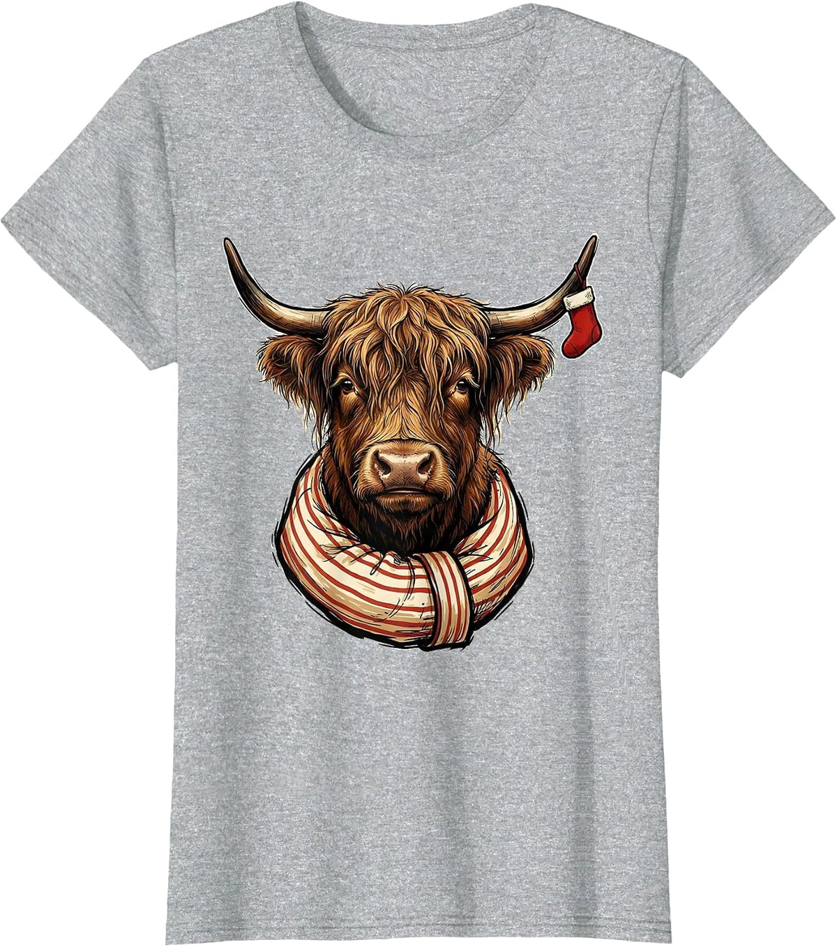Shaggy Highland Cow Pajama Sleeve Holiday Humor T-Shirt - Heather Grey