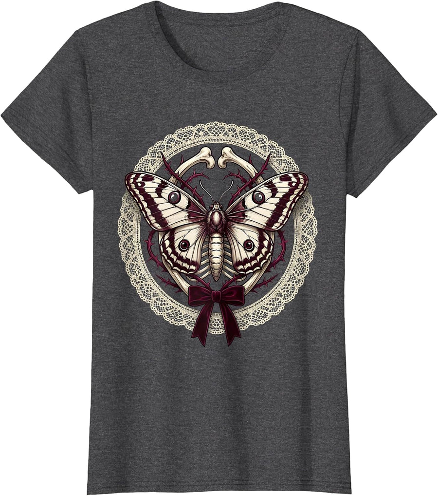 Women's Emo Moth Emerging From Ribcage Dark Art T-Shirt - Dark Heather Grey
