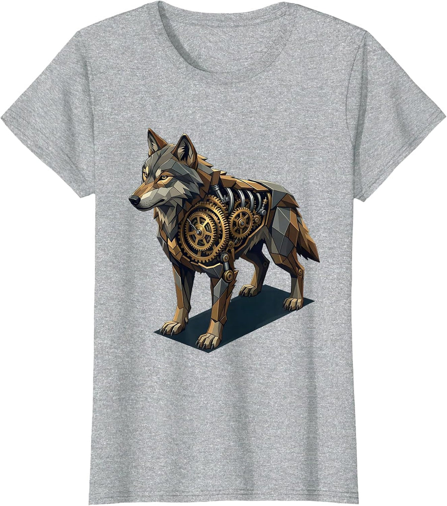 Steampunk Wolf Clockwork Ribcage Illustration T-Shirt - Heather Grey
