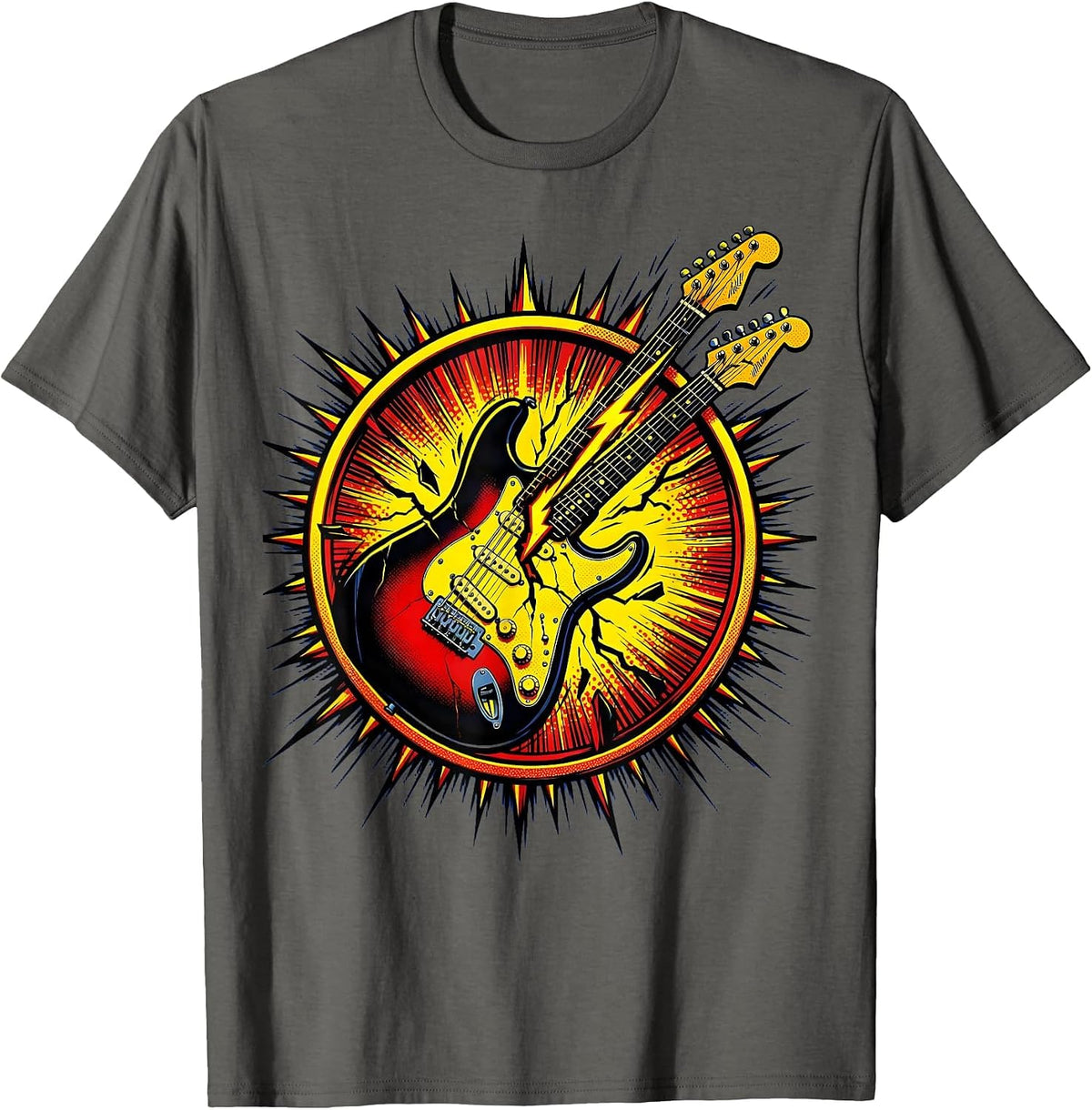 Men's Electric Guitar Lightning Bolt Split 80s Rock Art T-Shirt - Asphalt Grey