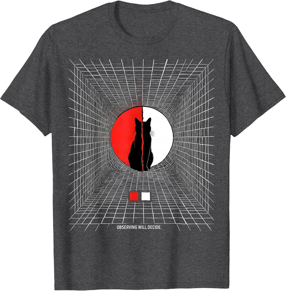 Observing Will Decide Geometric Physics Nerd Cat Humor T-Shirt - Dark Heather Grey
