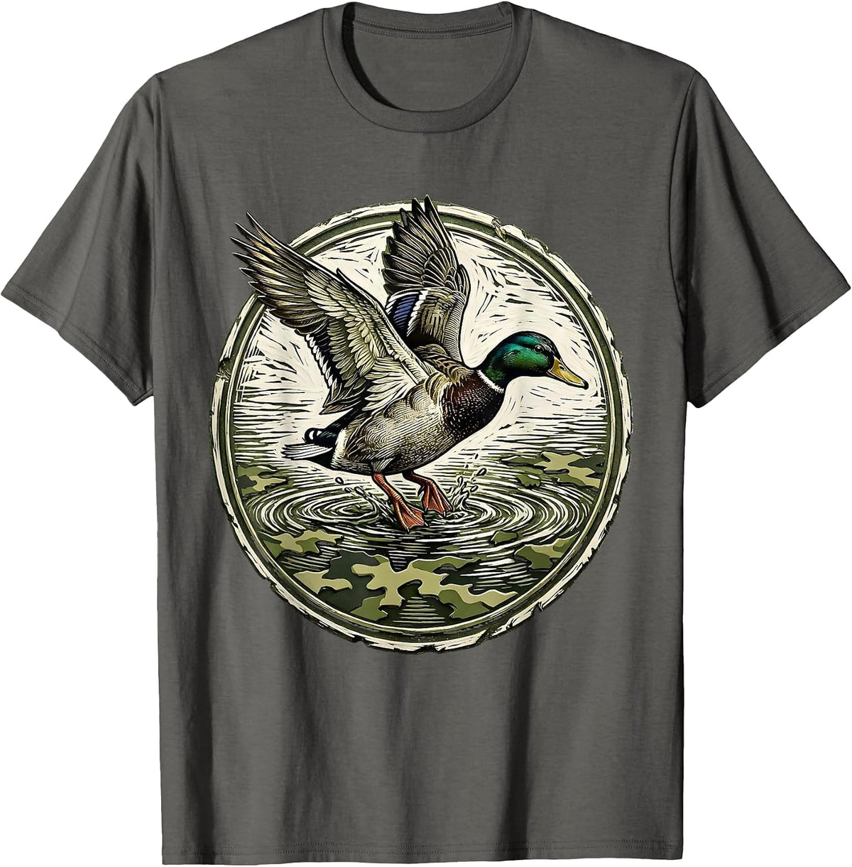 Duck Landing on Camo Marsh Water Illustration T-Shirt - Asphalt Grey