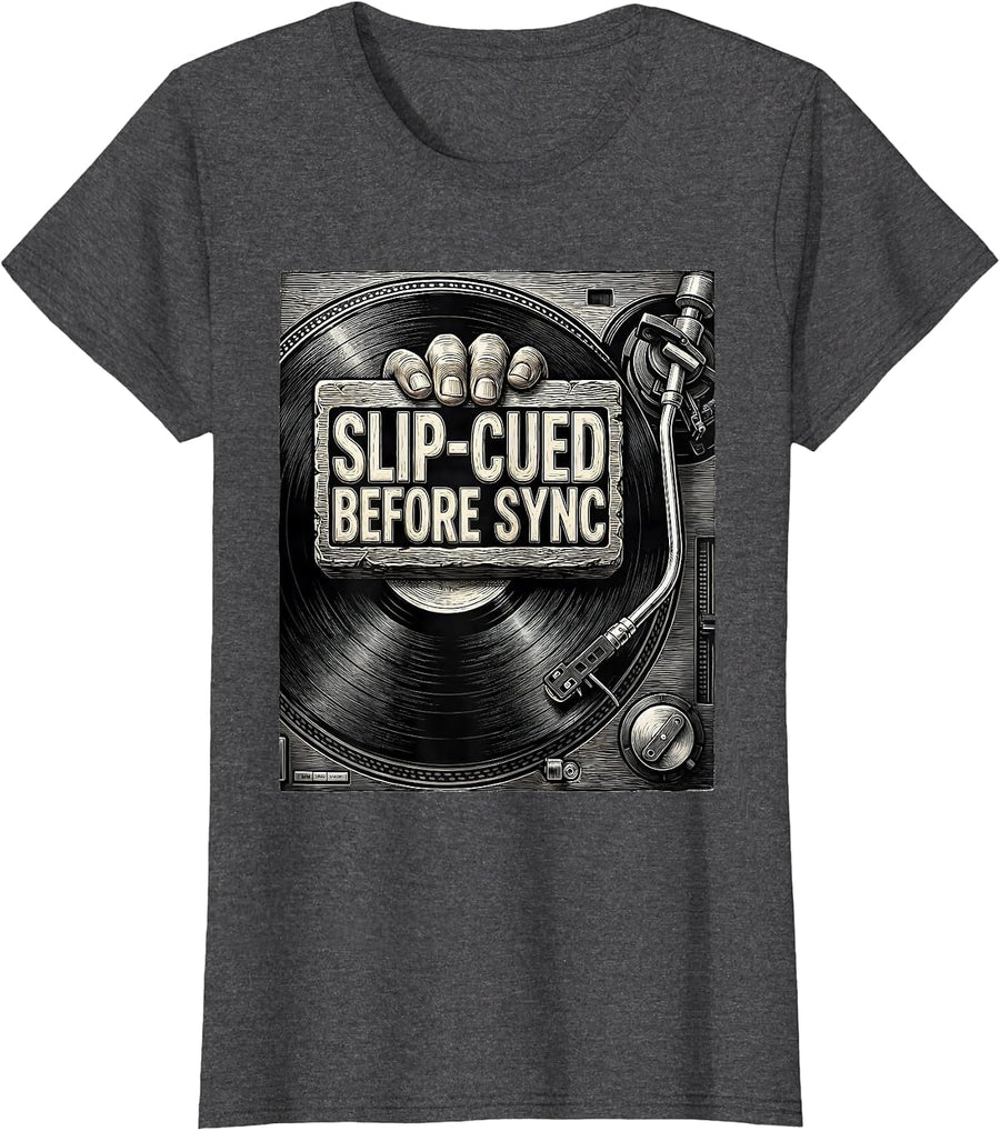Women's Slip-Cued Before Sync Retro DJ Gift Vintage Electronic Music T-Shirt - Dark Heather Grey