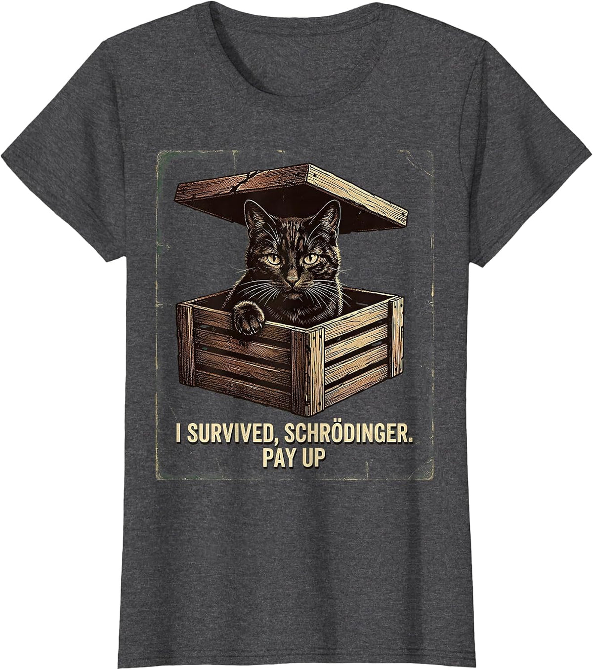Women's I Survived, Schrödinger. Pay Up Vintage Science Teacher T-Shirt - Dark Heather Grey