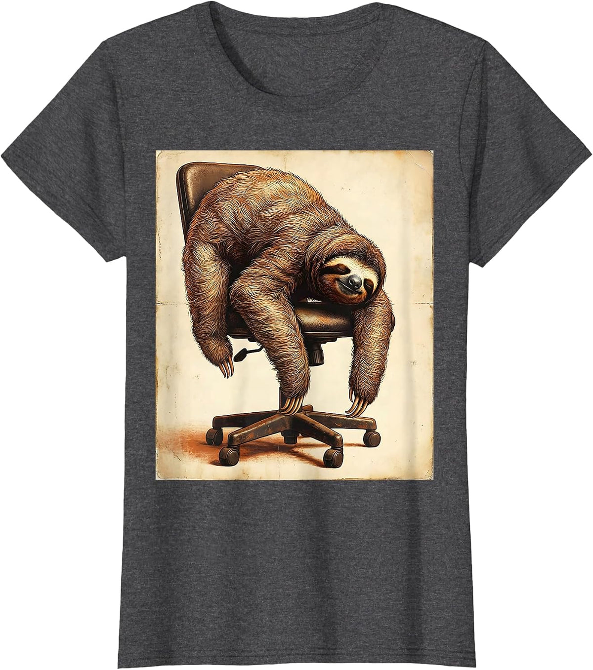 Women's Funny Napping Sloth Office Chair Humor Graphic T-Shirt - Dark Heather Grey