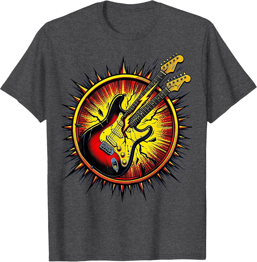 Men's Electric Guitar Lightning Bolt Split 80s Rock Art T-Shirt - Dark Heather Grey