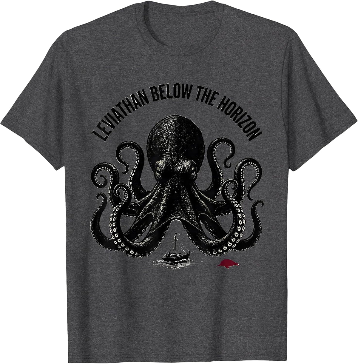 Men's Leviathan Below the Horizon Blackwork Dotwork Octopus Lover T-Shirt - Dark Heather Grey