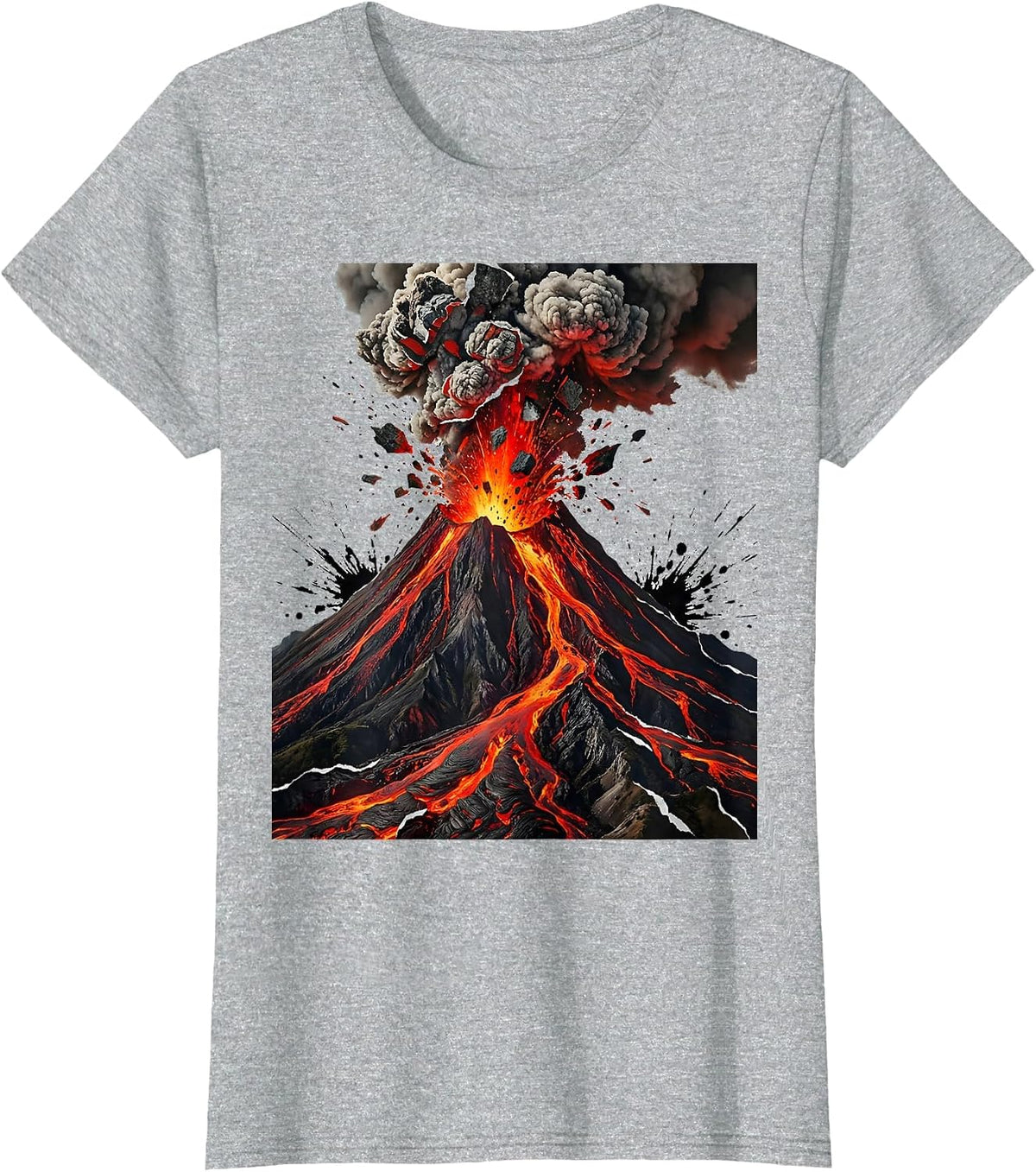 Volcano Eruption Molten Lava Flow Graphic T-Shirt - Heather Grey