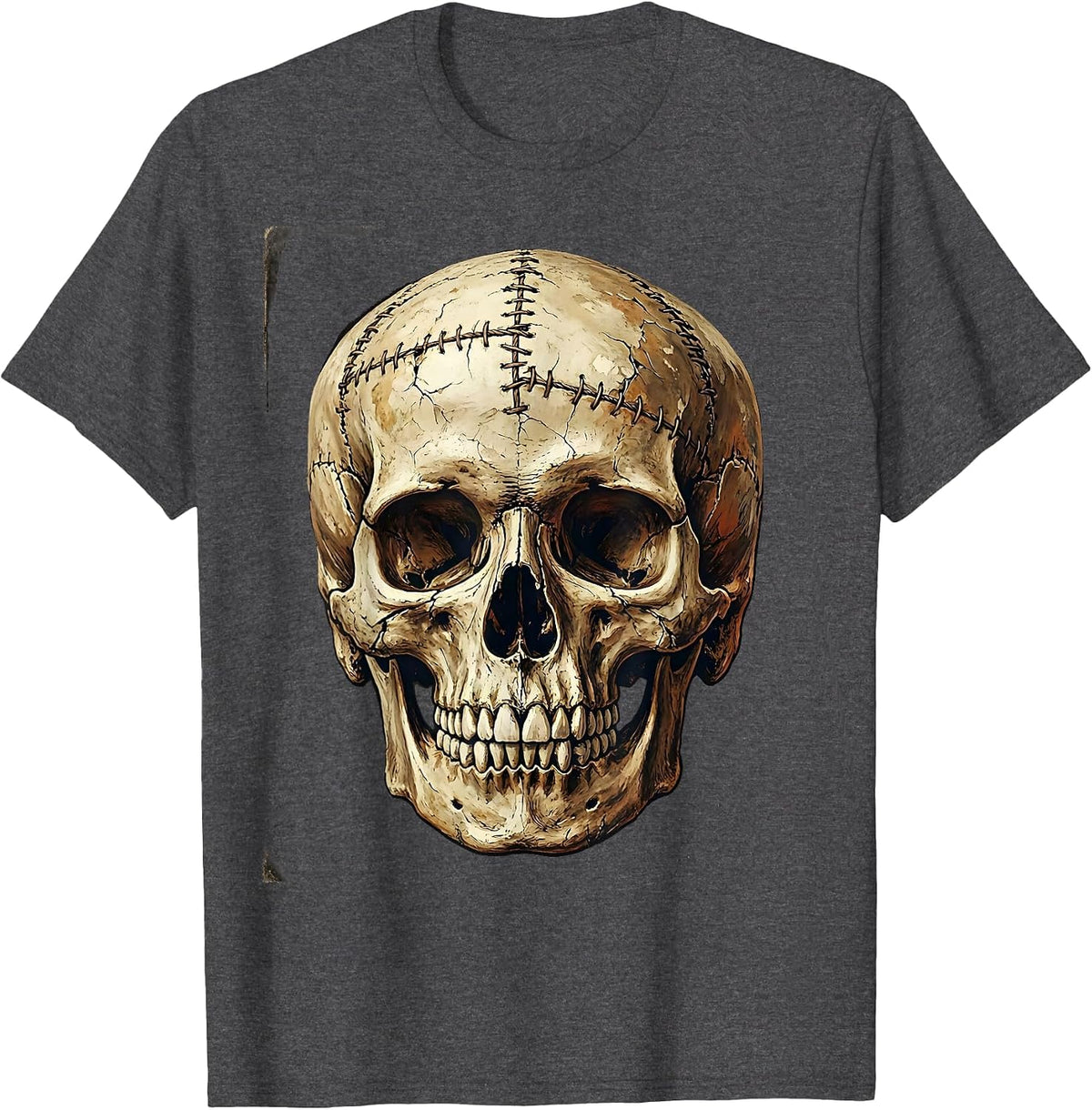 Grunge Weathered Skull Stitches and Cracks Art T-Shirt - Dark Heather Grey