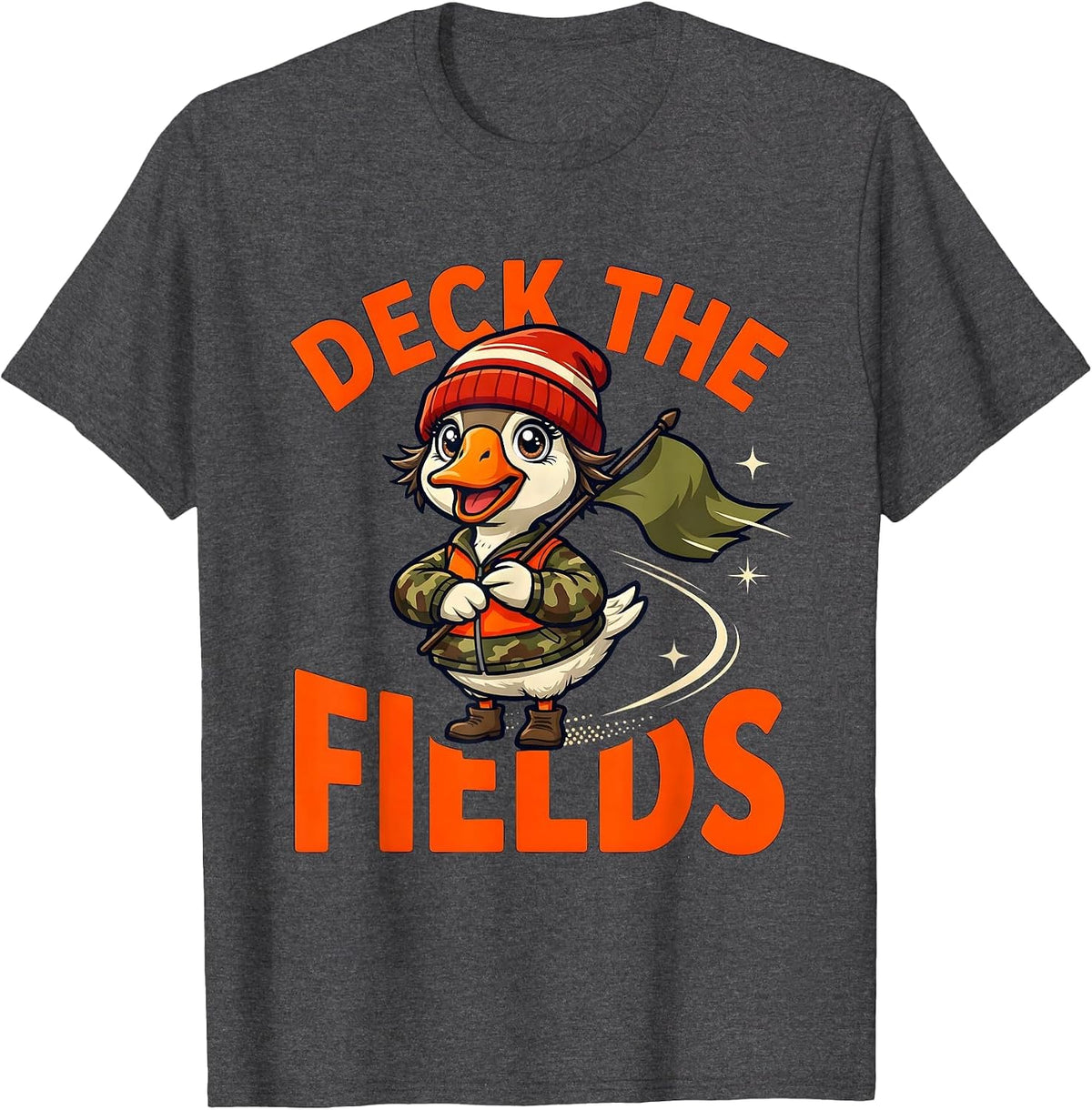 DECK THE FIELDS Funny Cartoon Goose Hunter Christmas T-Shirt - Dark Heather Grey
