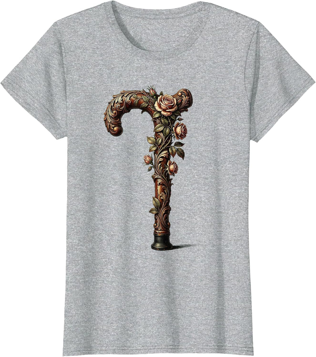 Floral Walking Cane Fall Prevention Illustration T-Shirt - Heather Grey