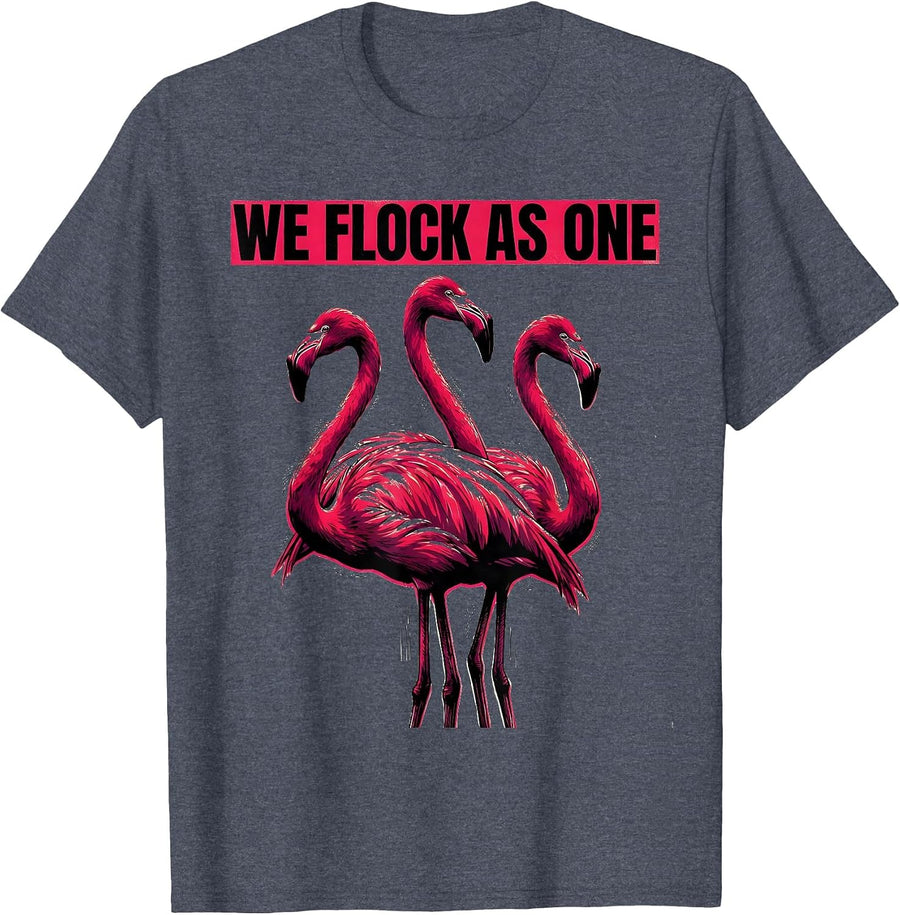 We Flock As One Flamingo Novelty Bird Humor Screenprint T-Shirt - Heather Blue