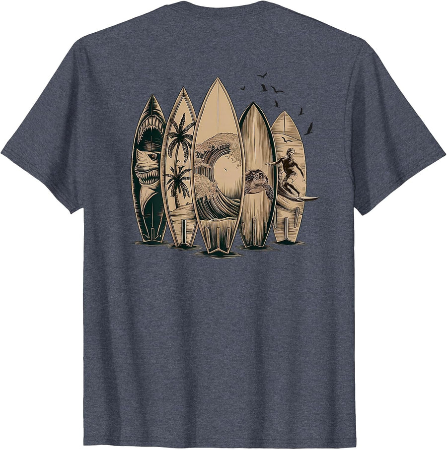 On Back | Surfing Tropical Surfboards Surfboarder Surfer T-Shirt - Heather Blue