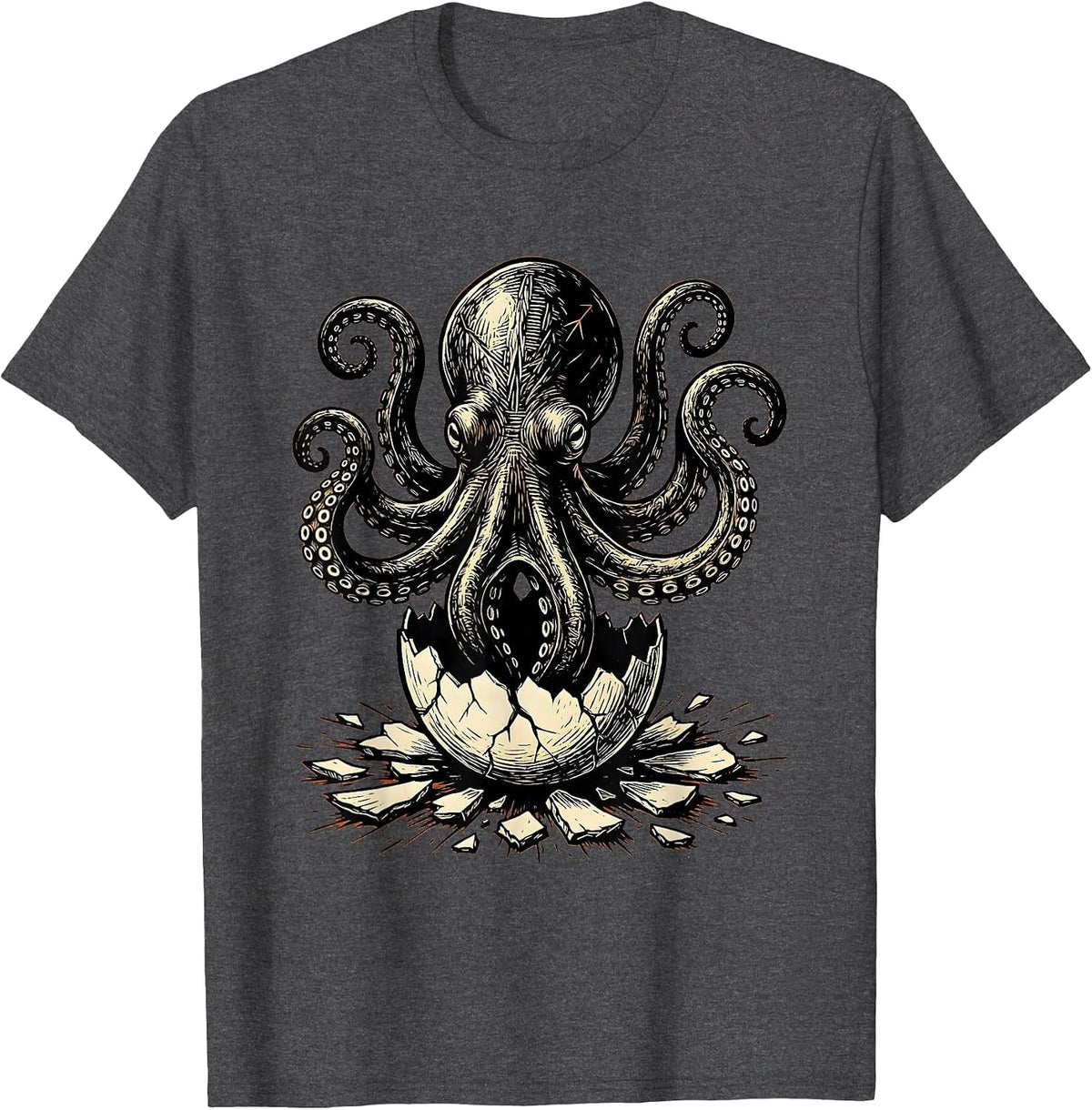 Octopus Emerging From Cracked Shell Graphic T-Shirt - Dark Heather Grey