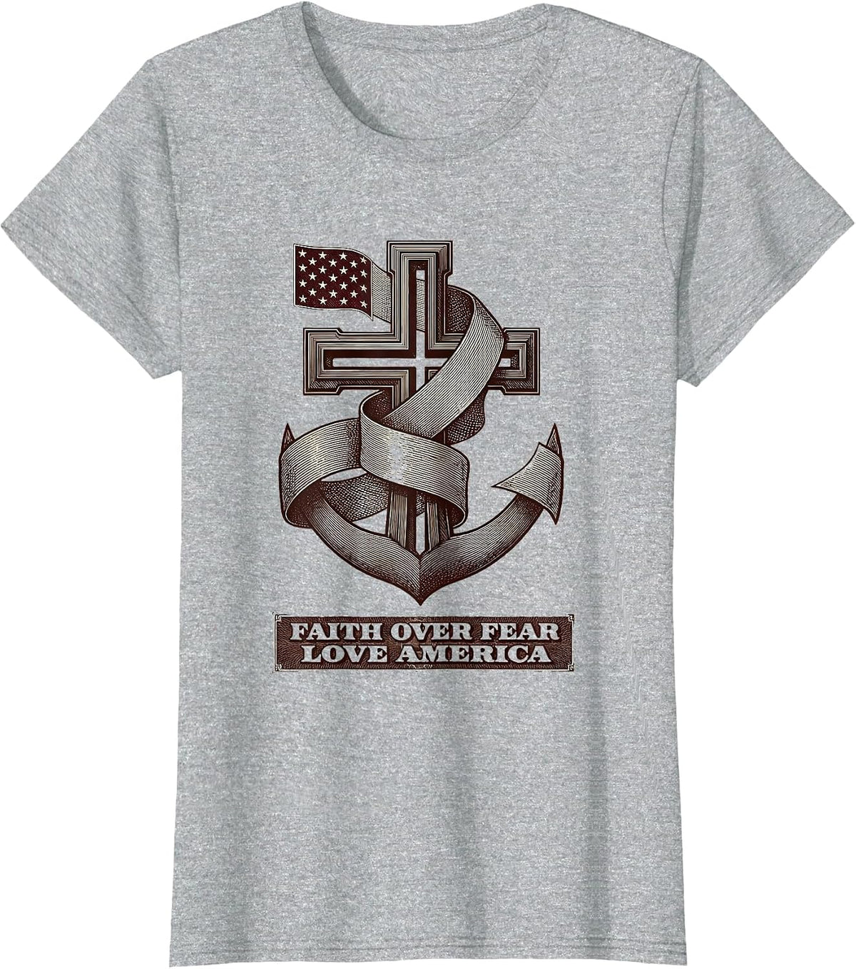 Faith Over Fear Love America Patriotic Christian Cross T-Shirt - Heather Grey