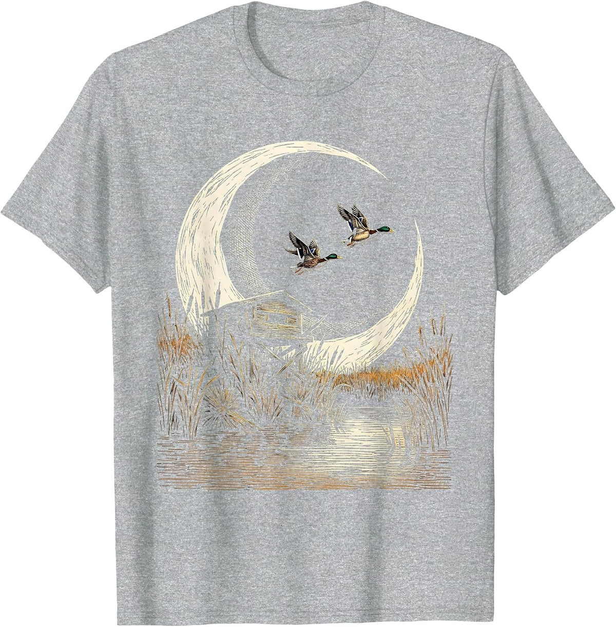 Men's Crescent Moon Duck Blind Silhouette Hunting Design T-Shirt - Heather Grey