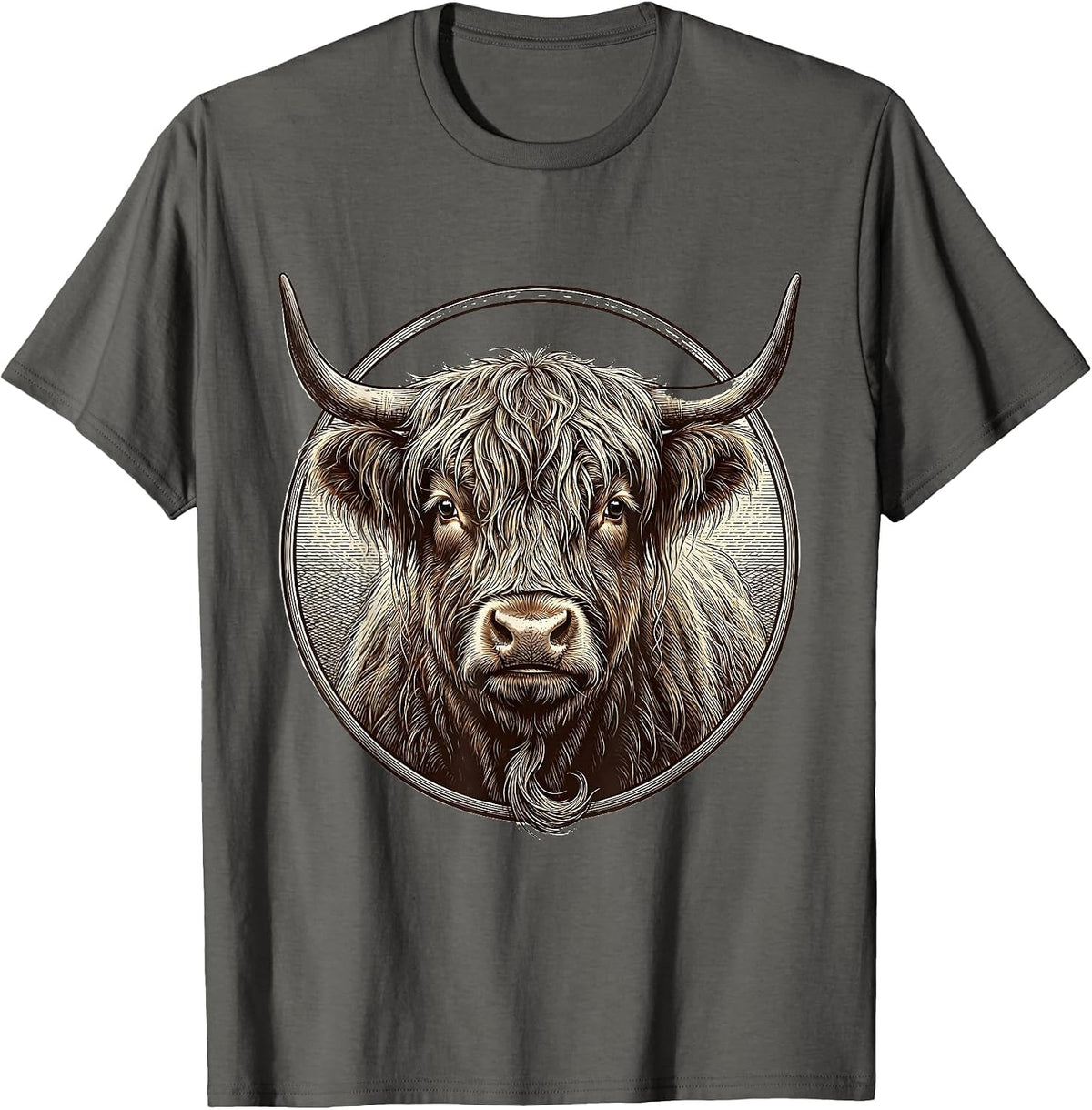 Men's Highland Cow Bust Novelty Humor Animal Lover Mascot T-Shirt - Asphalt Grey