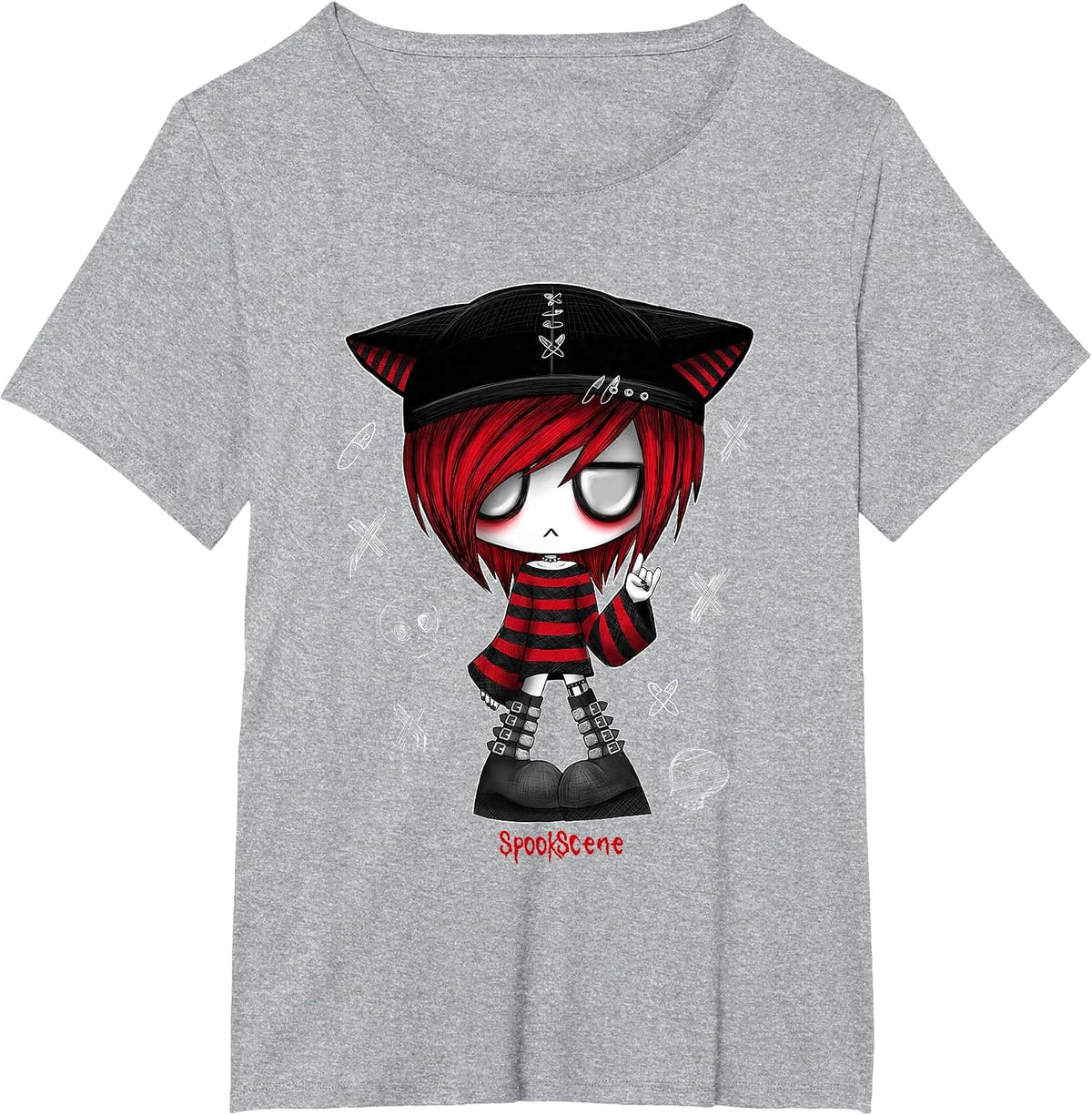 Spookscene Edgy Kitty Hat Scene Kid Emo Alt Goth Red T-Shirt - Heather Grey