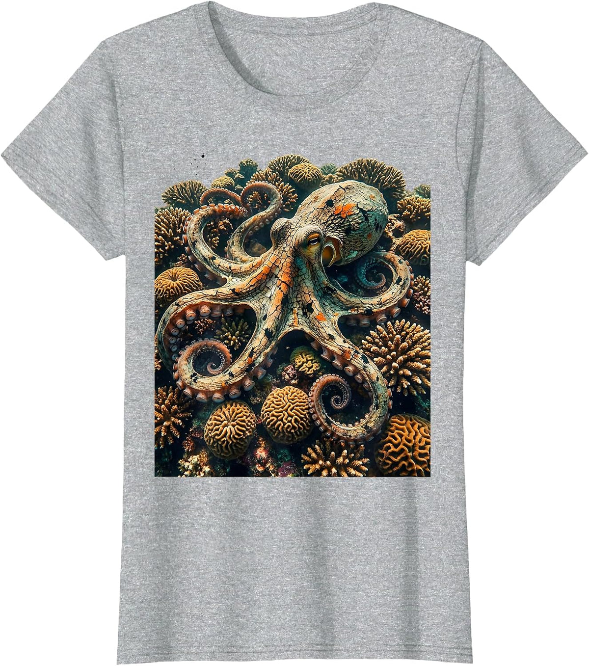 Women's Octopus Hiding in Colorful Coral Hawaiian Design T-Shirt - Heather Grey