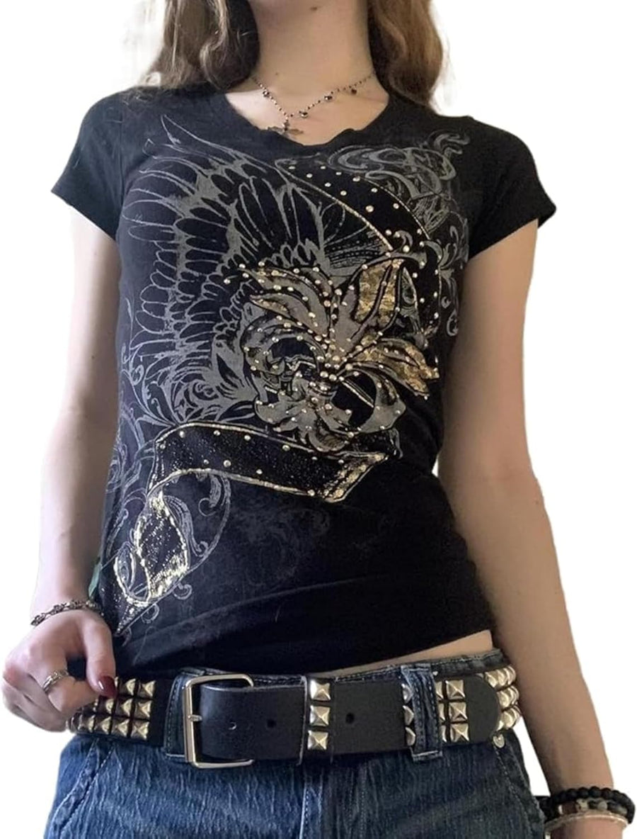 Grunge Shirts Emo Clothes Teen Girls Vintage Graphic Tee Y2k 2000s Goth Top Women Mcbling Short Sleeve Streetwear - Black
