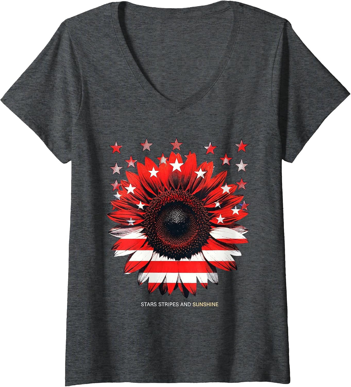 Women's Stars Stripes and Sunshine Red White Blue Design V-Neck T-Shirt - Dark Heather Grey