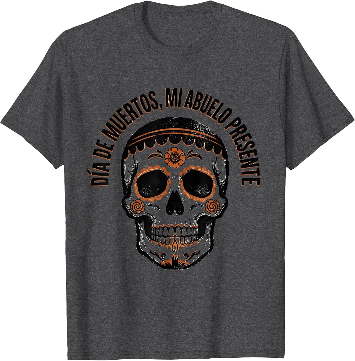Día de Muertos Mi Abuelo Presente Rubber Stamp Folk Art T-Shirt - Dark Heather Grey