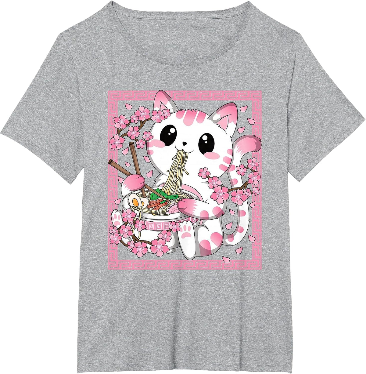 Kawaii Cat Ramen Anime Japanese Cherry Blossom Women Girls T-Shirt - Heather Grey