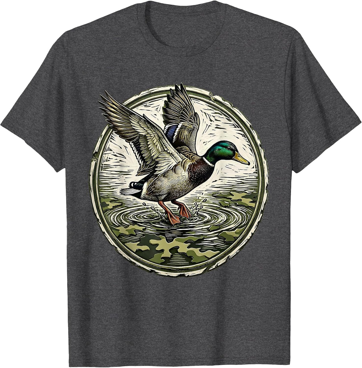 Duck Landing on Camo Marsh Water Illustration T-Shirt - Dark Heather Grey