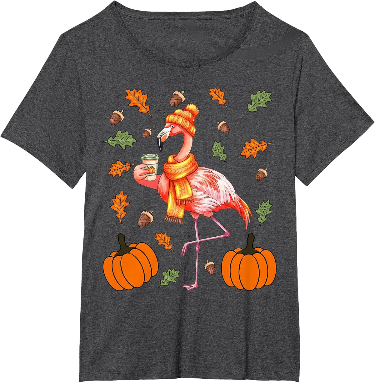 Autumn Flamingo Pumpkin Spice Latte Fall Leaves Thanksgiving T-Shirt - Dark Heather Grey
