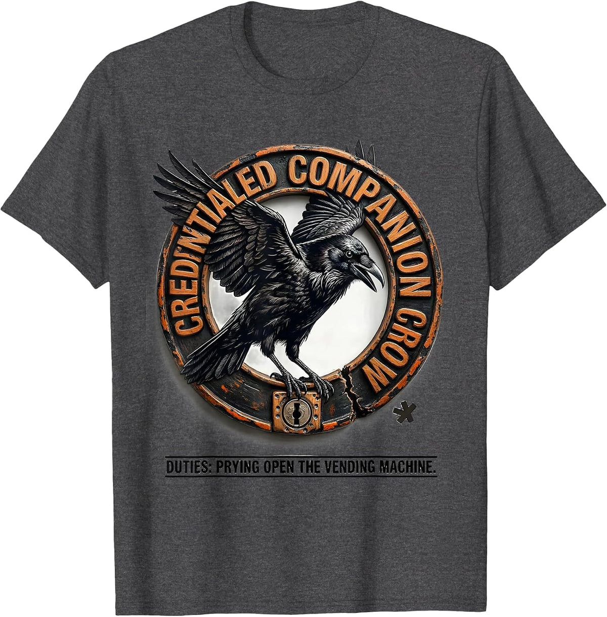 Men's Credentialed Companion Crow Duties Pun Bird Lover Humor T-Shirt - Dark Heather Grey