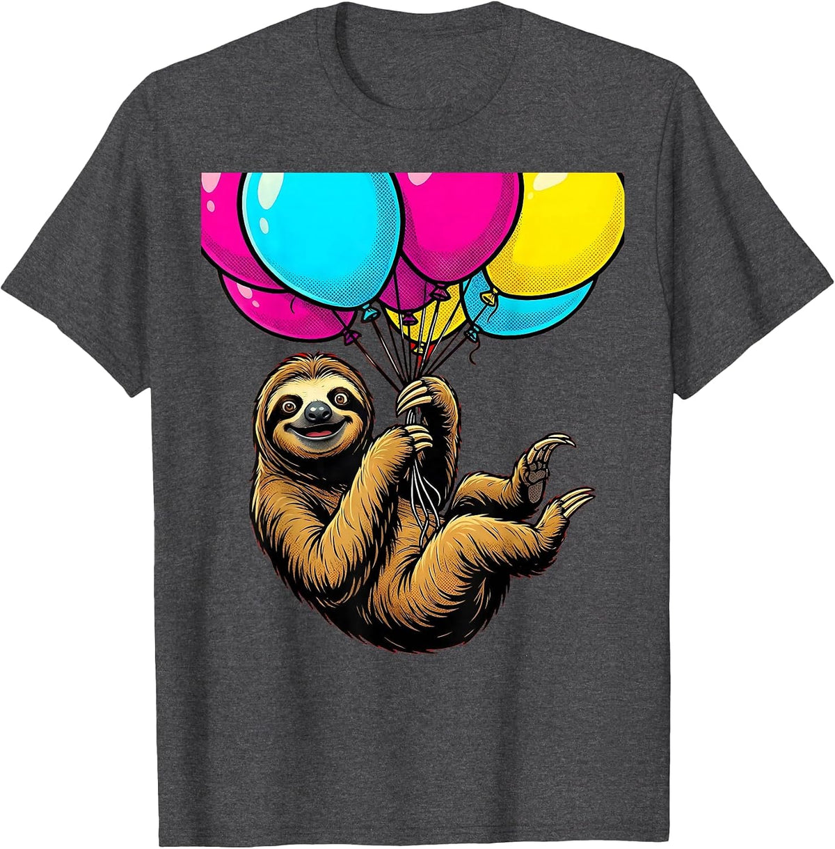Sloth Birthday Balloon Ride Graphic Tee T-Shirt - Dark Heather Grey