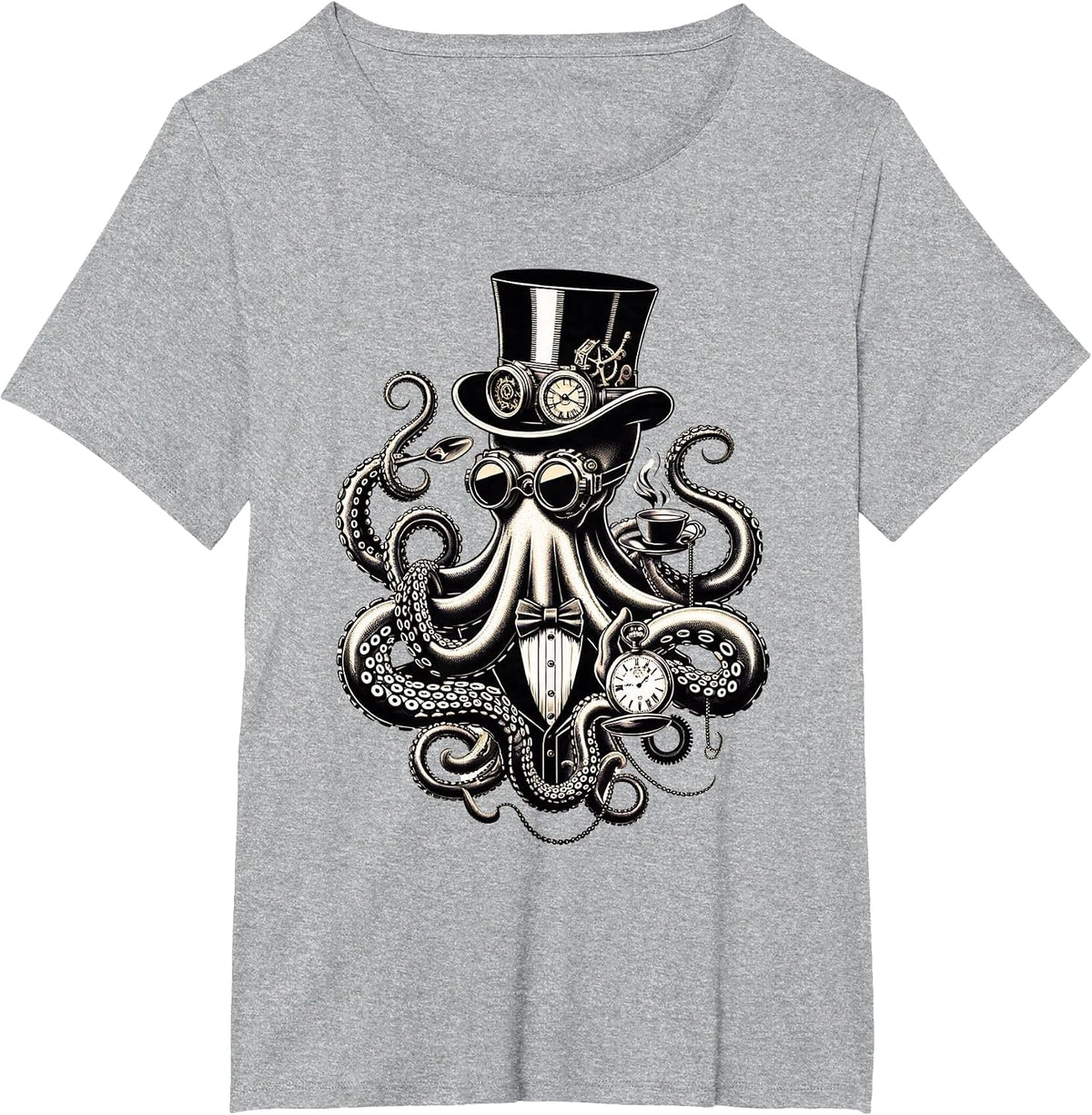 Funny Octopus Steampunk Top Hat Coffee Cup Pocket Watch T-Shirt - Heather Grey