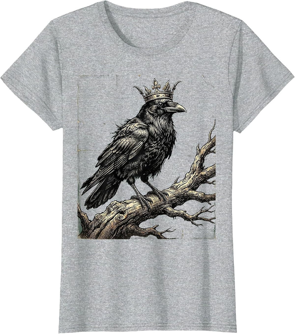 Women's Crow Wearing a Tiny Tattered Crown Illustration T-Shirt - Heather Grey