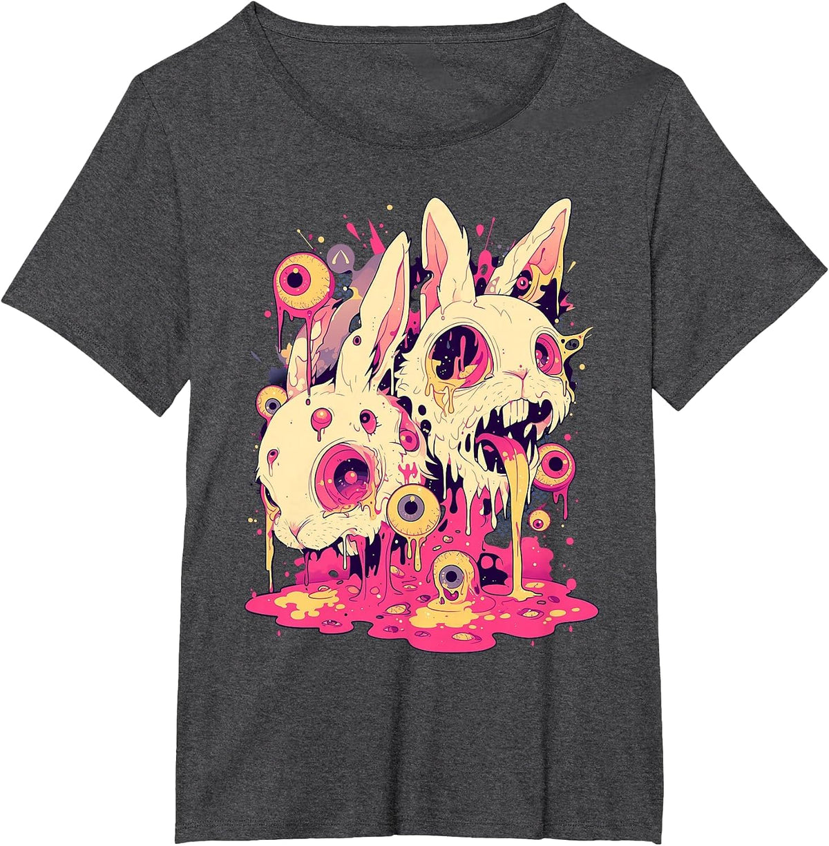 Psychedelic Creepy Horror Bunny Rabbit Weirdcore Shirt Tees T-Shirts Goth - Dark Heather Grey