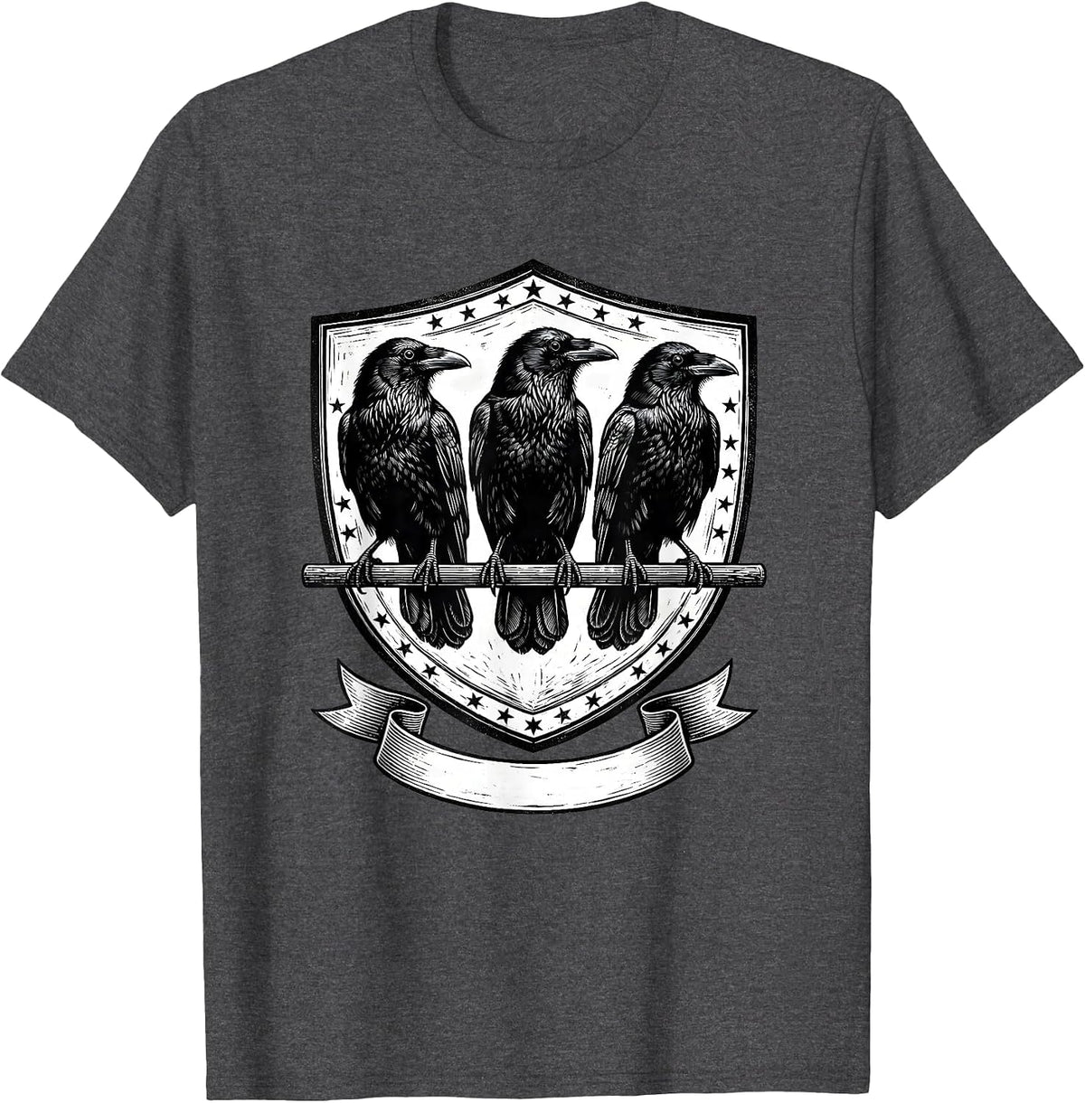 Men's Scratchboard Crow Seal Dark Humor Gothic Bird Lover T-Shirt - Dark Heather Grey