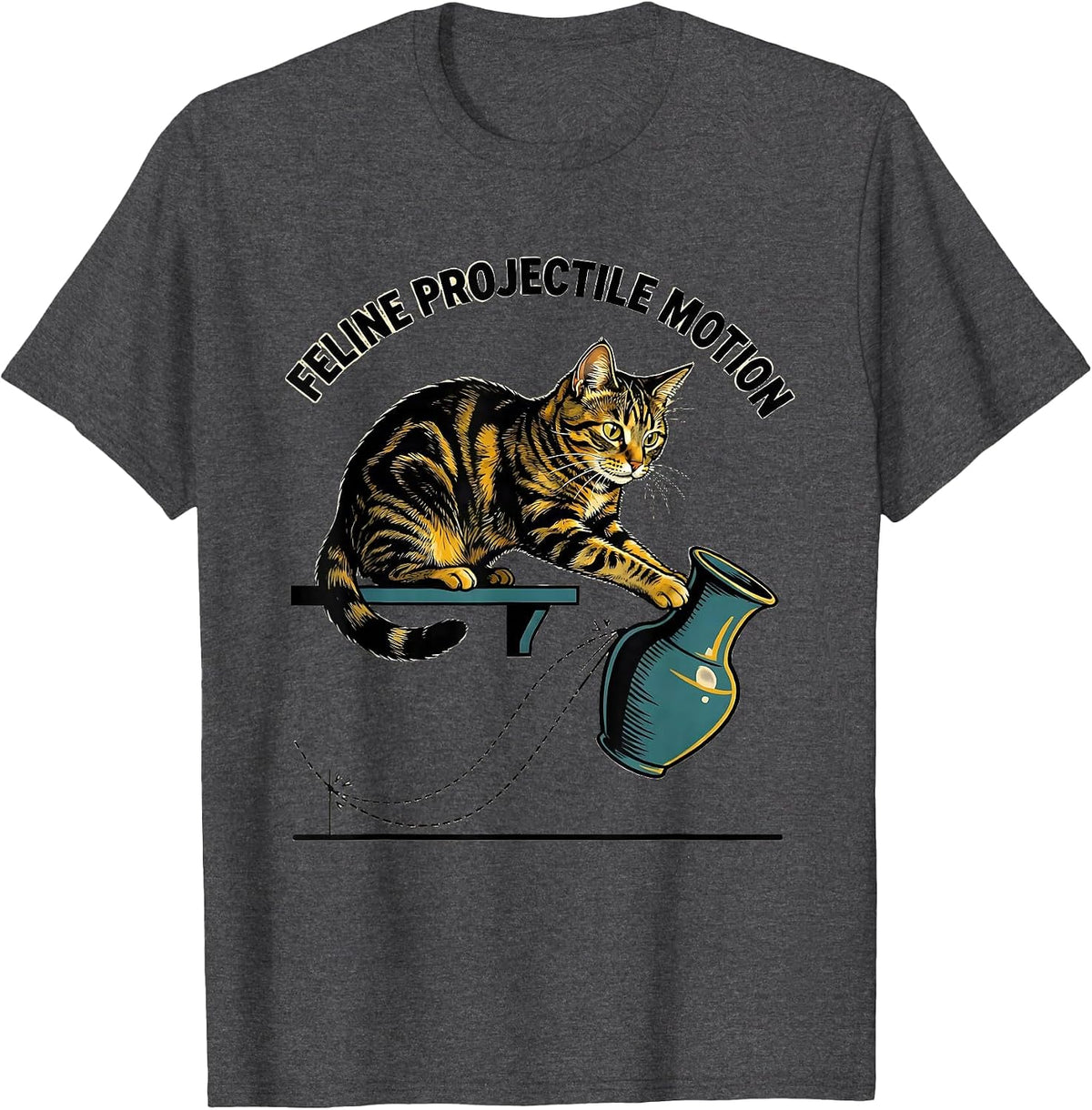 Men's Feline Projectile Motion Funny Cat Physics Humor Design T-Shirt - Dark Heather Grey