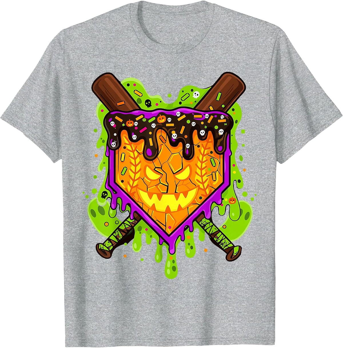 Halloween Pumpkin Drip Baseball T-Shirt - Heather Grey