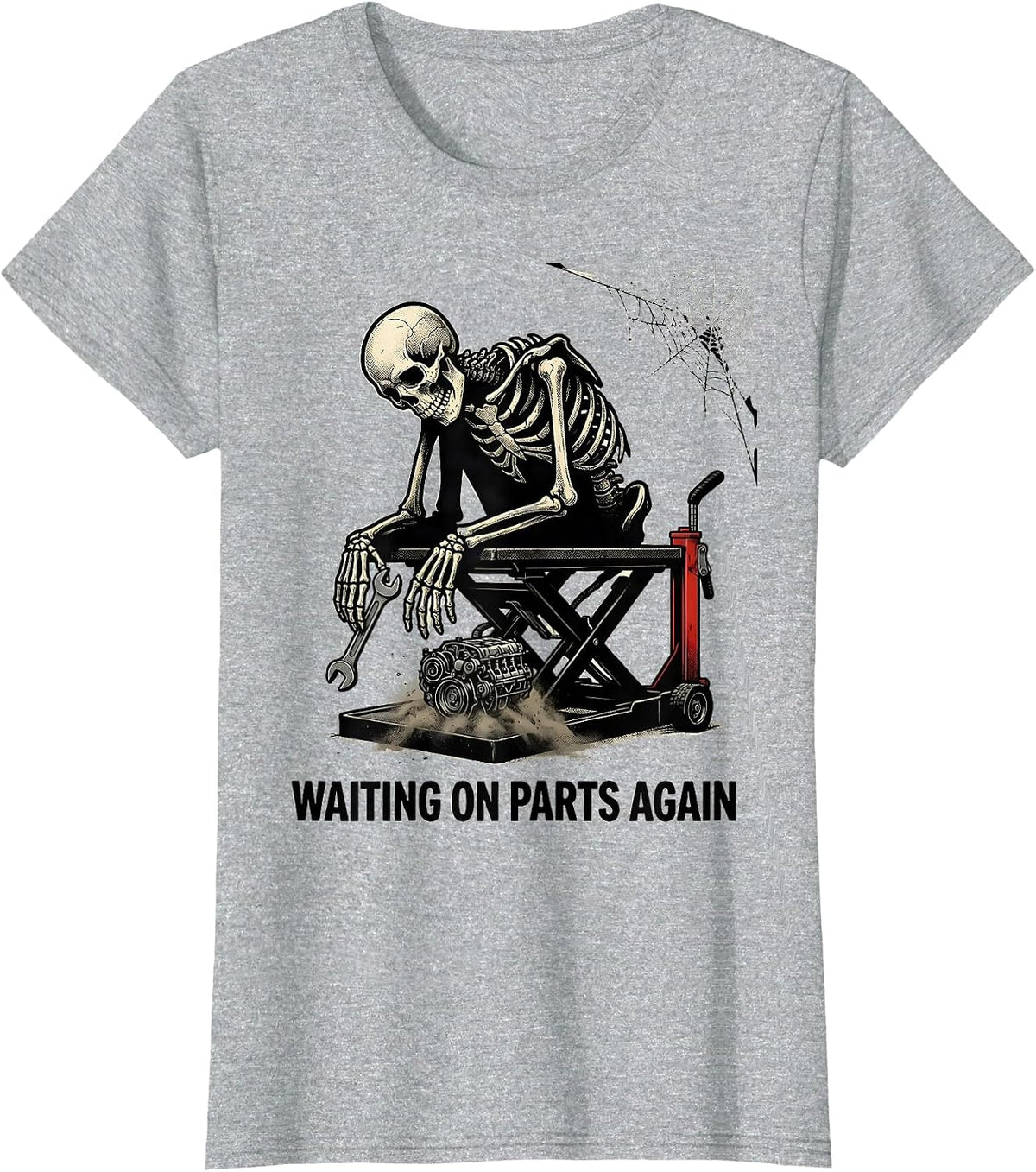 Waiting On Parts Again Funny Mechanic Skeleton Auto Repair T-Shirt - Heather Grey